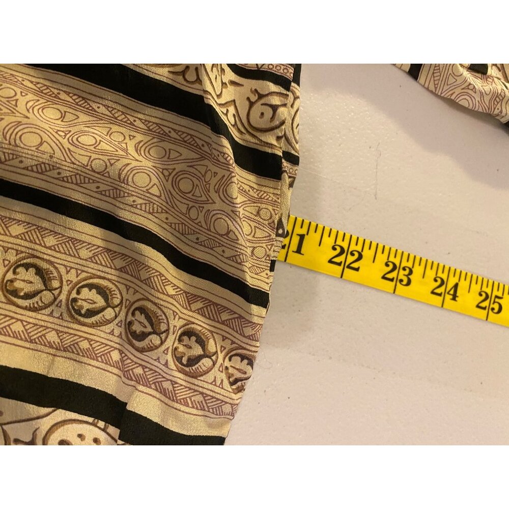 Stunt Silk Blouse Button Front Black & Tan Stripes Swirl Print Large - Picture 7 of 8